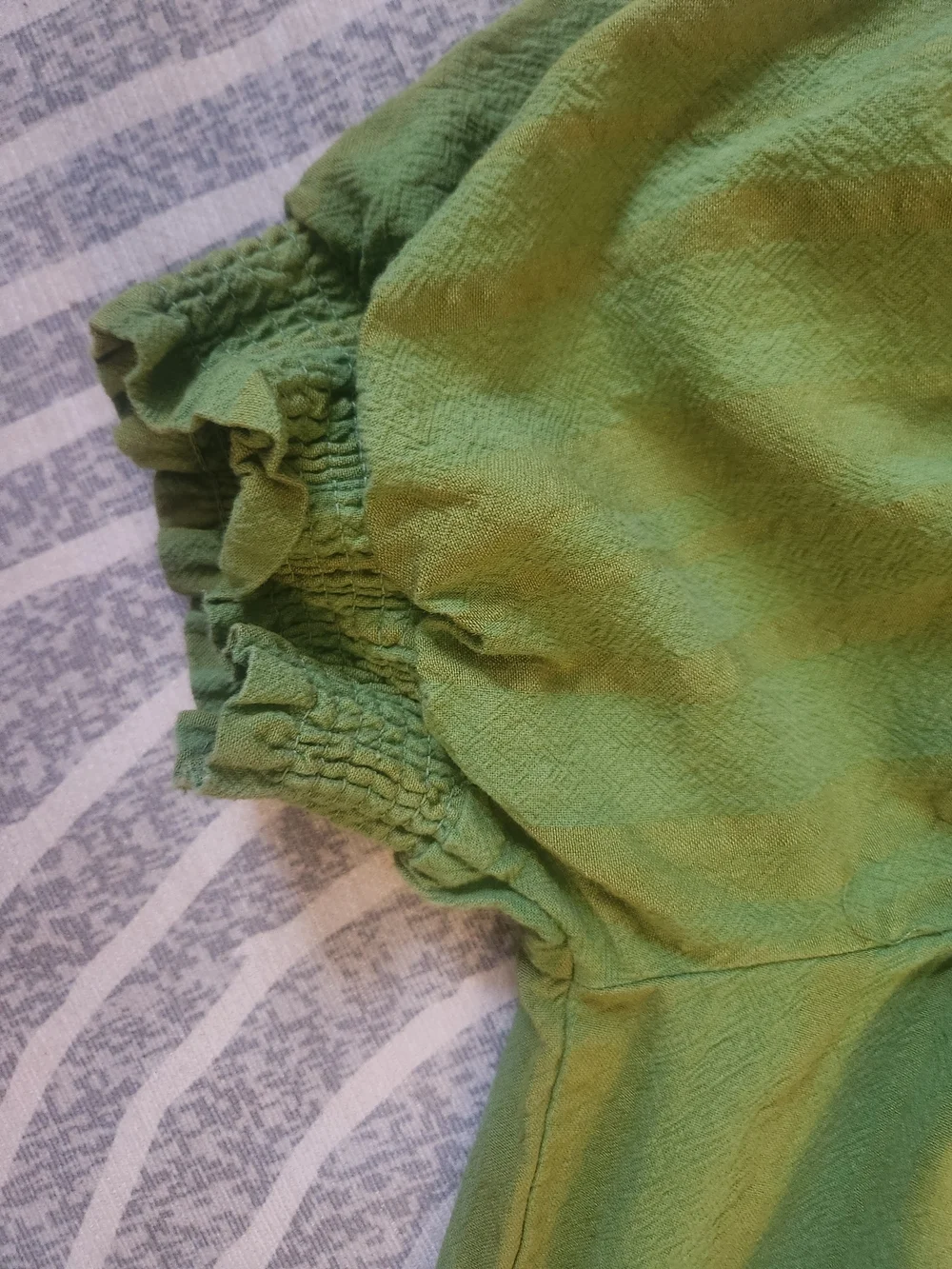 Green Puff Sleeve Smocked Neck Blouse